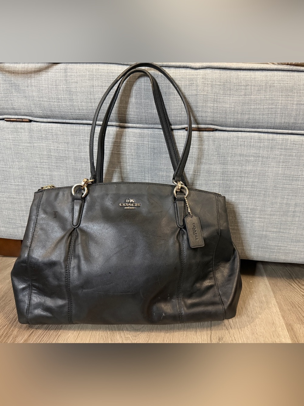 Coach Black Leather Shoulder Tote with Charm Tag